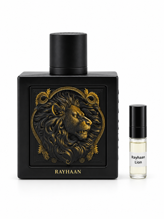 Rayhaan Lion fragrance bottle and black-capped sample vial on white
