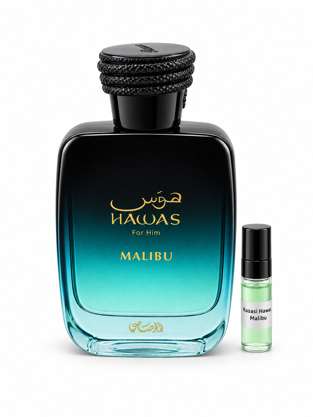 Rasasi Hawas Malibu fragrance bottle and black-capped sample vial on white