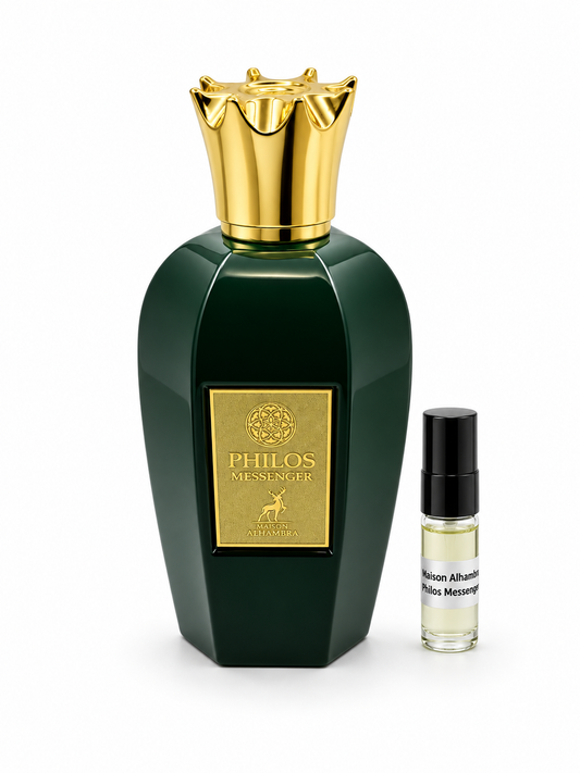 Maison Alhambra Philos Messenger fragrance bottle and black-capped sample vial on white