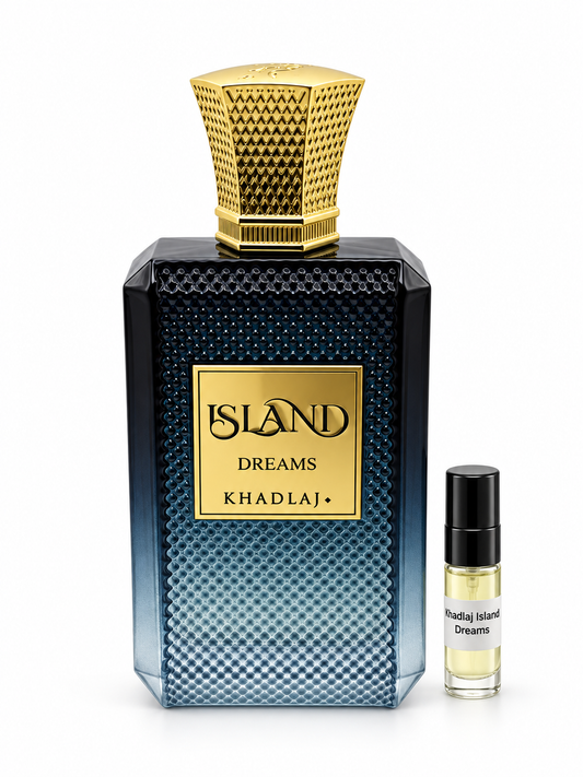 Khadlaj Island Dreams fragrance bottle and black-capped sample vial on white