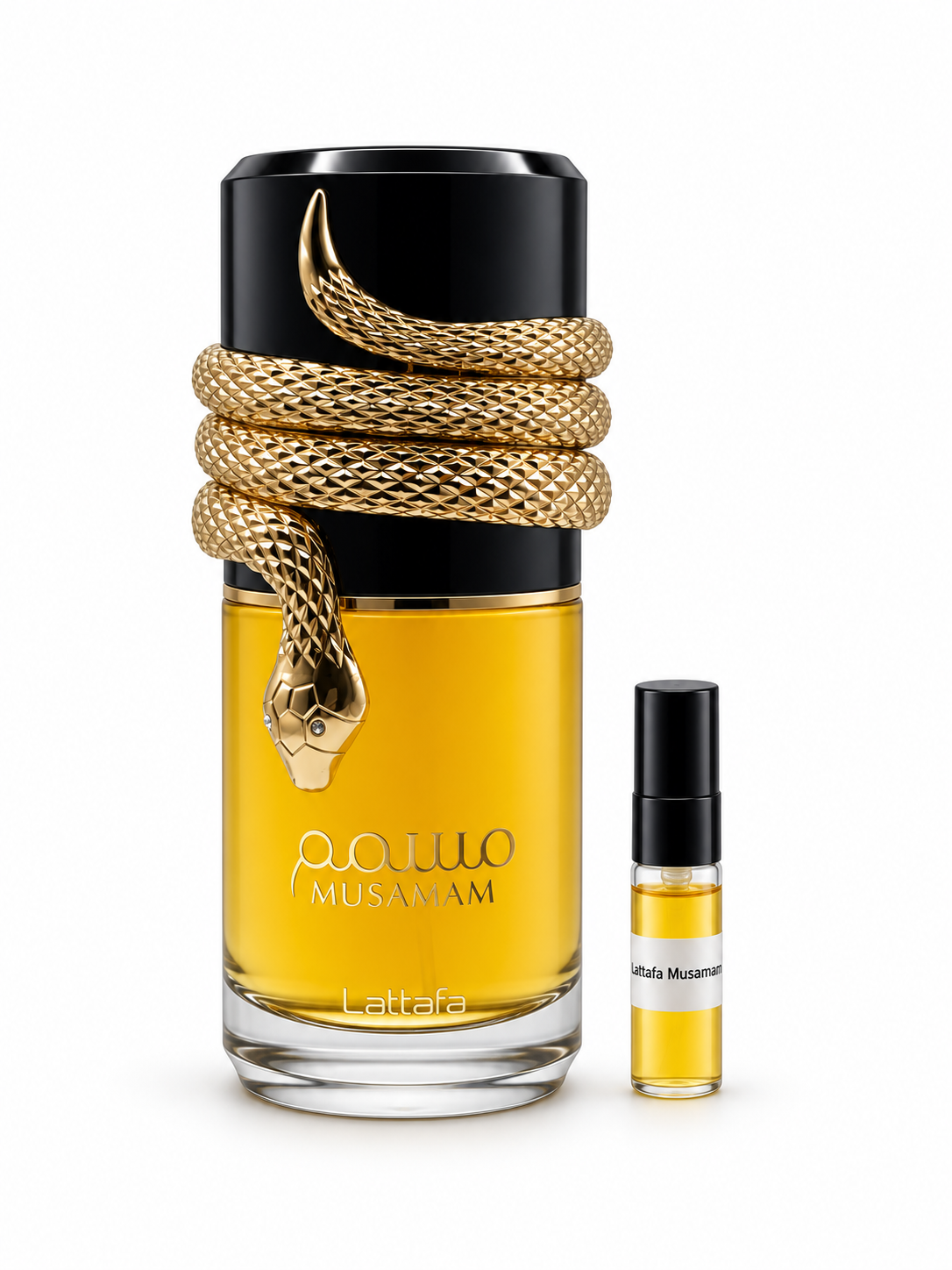 Lattafa Musamam fragrance bottle and black-capped sample vial on white