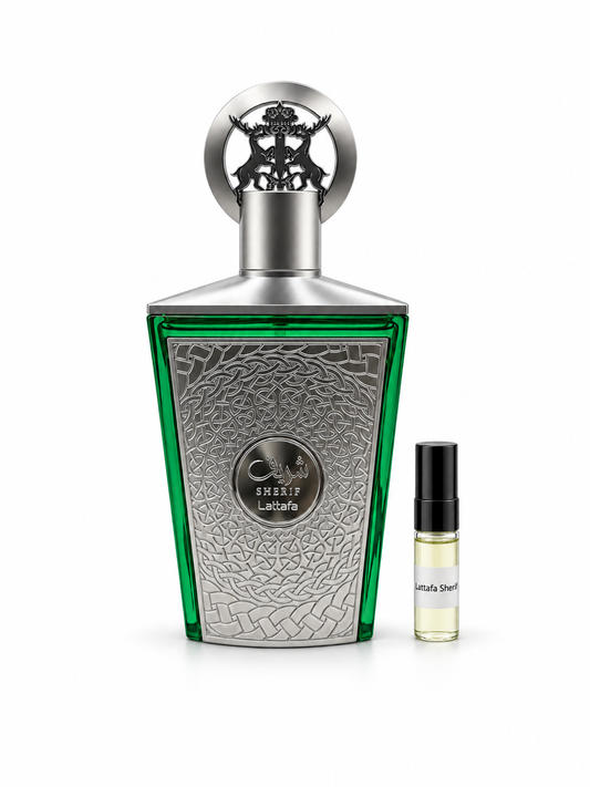 Lattafa Sherif fragrance bottle and black-capped sample vial on white