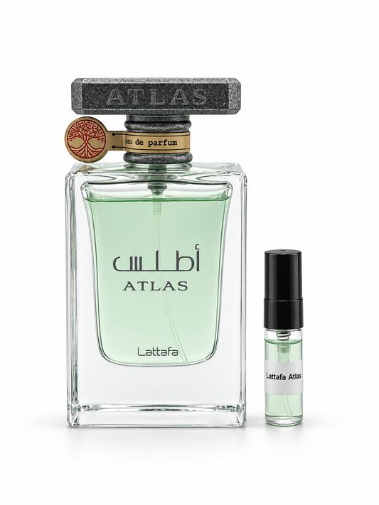 Lattafa Atlas fragrance bottle and black-capped sample vial on white