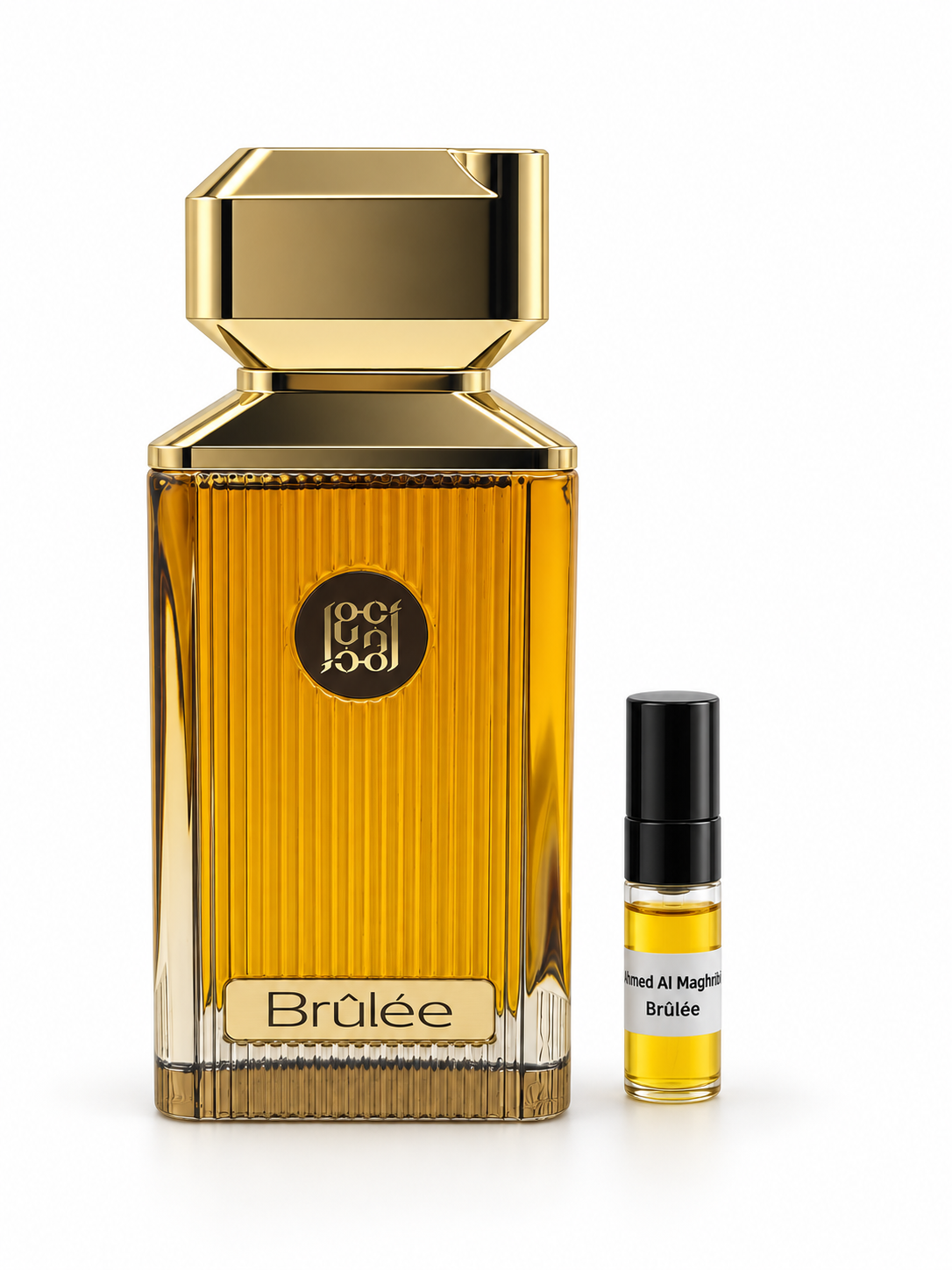 Ahmed Al Maghribi Brulee fragrance bottle and black-capped sample vial on white