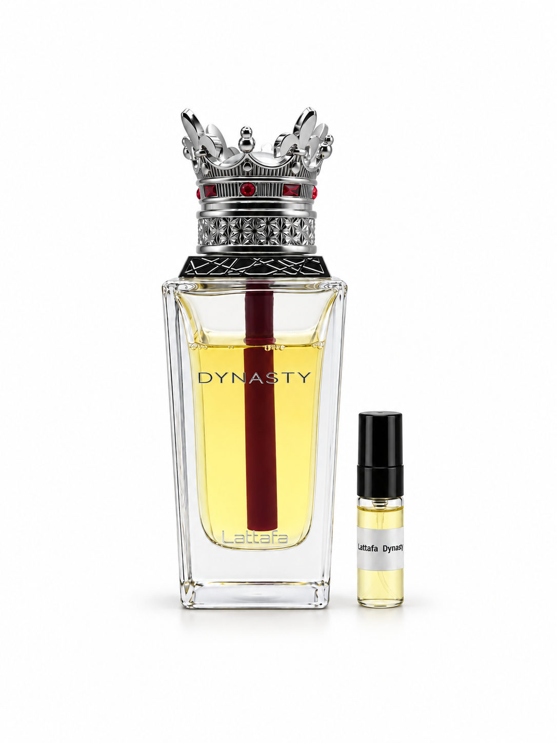 Lattafa Dynasty fragrance bottle and black-capped sample vial on white