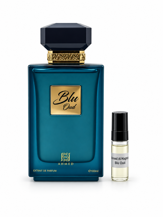 Ahmed Al Maghribi Blu Oud fragrance bottle and black-capped sample vial on white