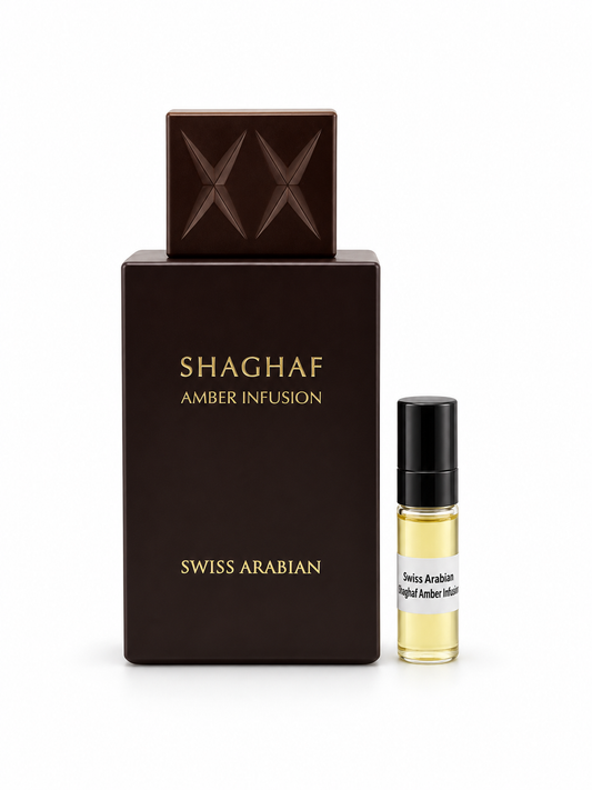 Swiss Arabian Shaghaf Amber Infusion fragrance bottle and black-capped sample vial on white