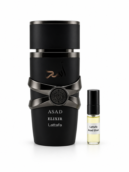 Lattafa Asad Elixir fragrance bottle and black-capped sample vial on white