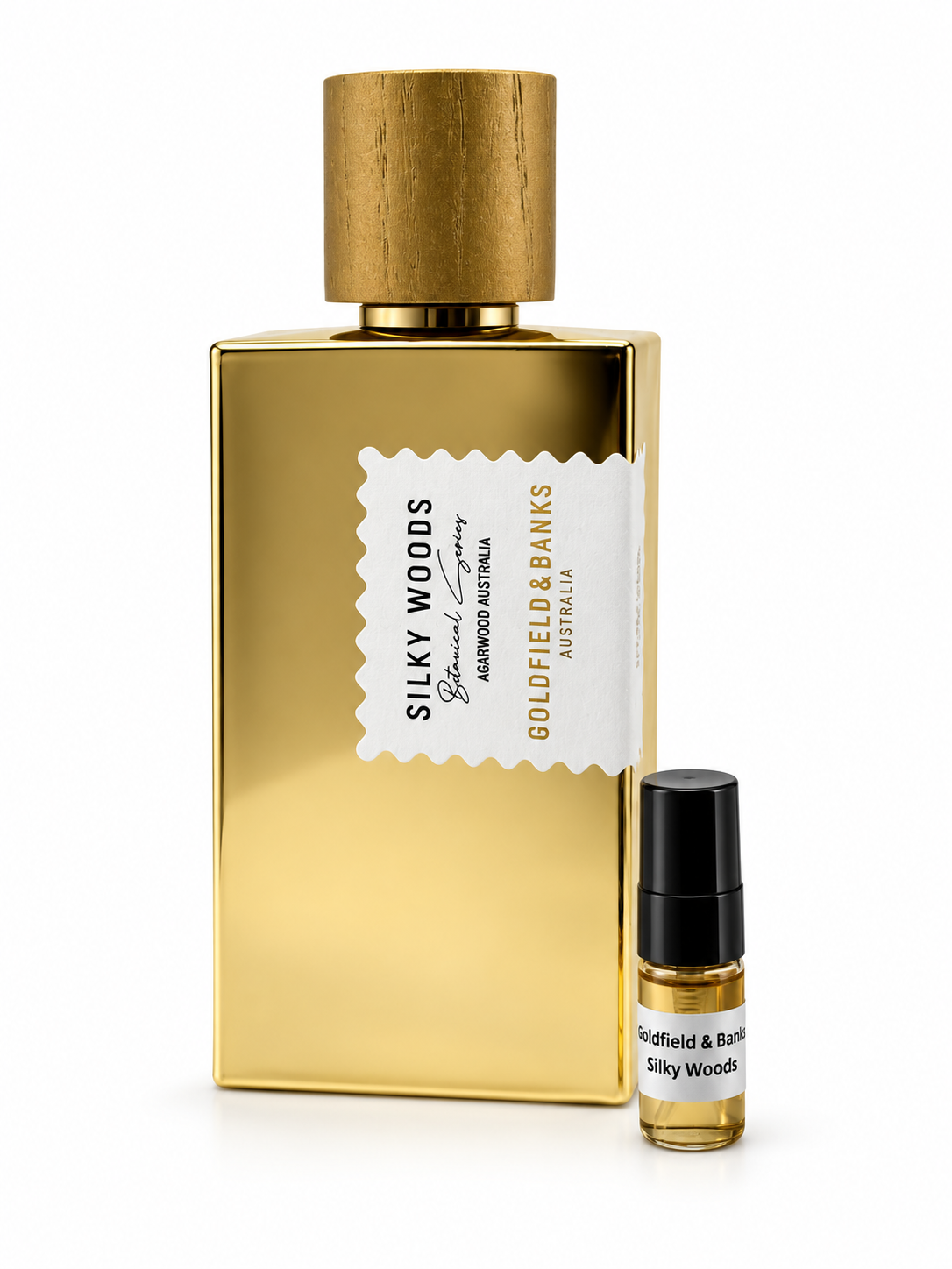 Goldfield &  Banks Silky Woods fragrance bottle and black-capped sample vial on white