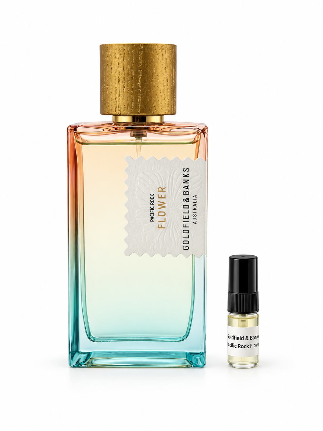 Goldfield &  Banks Pacific Rock Flower fragrance bottle and black-capped sample vial on white