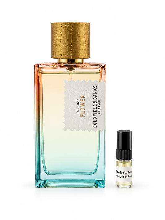 Goldfield &  Banks Pacific Rock Flower fragrance bottle and black-capped sample vial on white