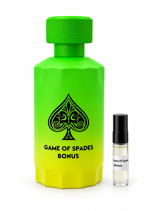 Game Of Spades Bonus fragrance bottle and black-capped sample vial on white