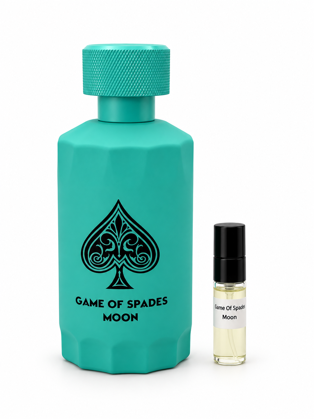 Game Of Spades Moon fragrance bottle and black-capped sample vial on white