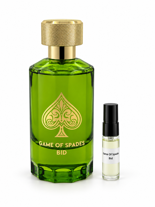 Game Of Spades Bid fragrance bottle and black-capped sample vial on white