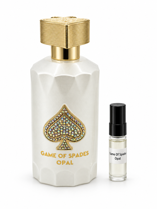 Game Of Spades Opal fragrance bottle and black-capped sample vial on white