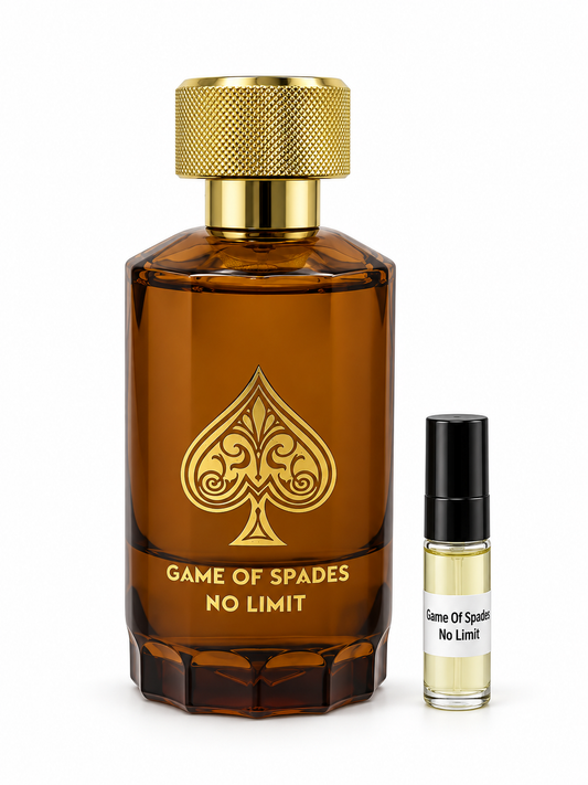 Game Of Spades No Limit fragrance bottle and black-capped sample vial on white