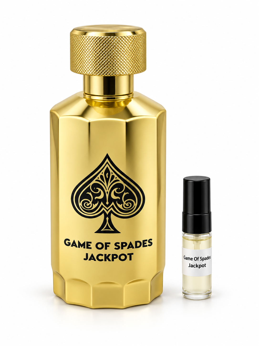 Game Of Spades Jackpot fragrance bottle and black-capped sample vial on white