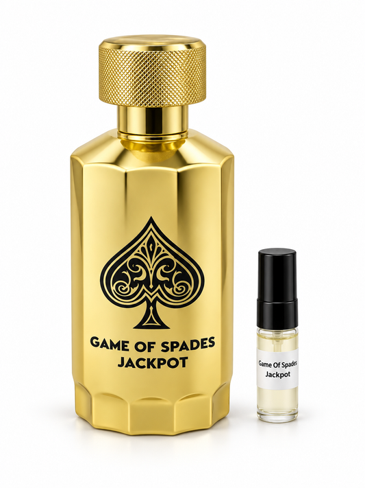 Game Of Spades Jackpot fragrance bottle and black-capped sample vial on white