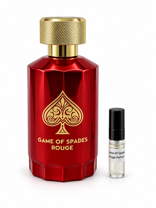 Game Of Spades Rouge Parfum fragrance bottle and black-capped sample vial on white