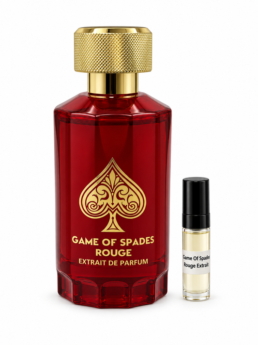 Game Of Spades Rouge Extrait fragrance bottle and black-capped sample vial on white
