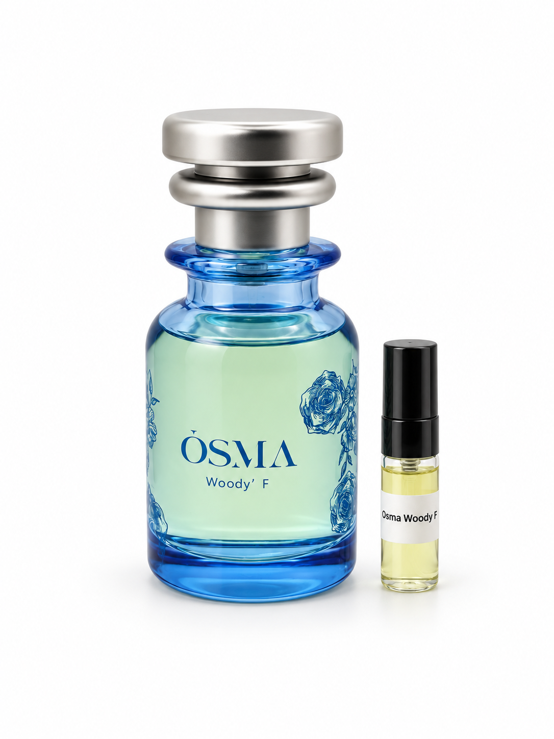 Osma Woody F fragrance bottle and black-capped sample vial on white