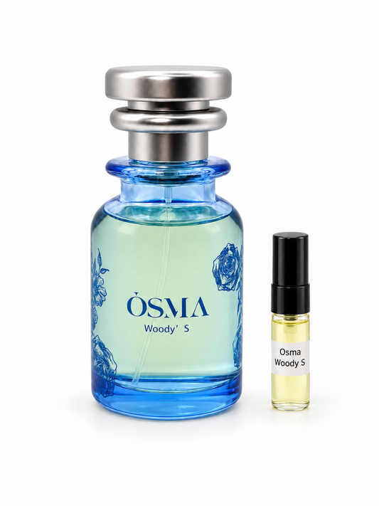 Osma Woody S fragrance bottle and black-capped sample vial on white