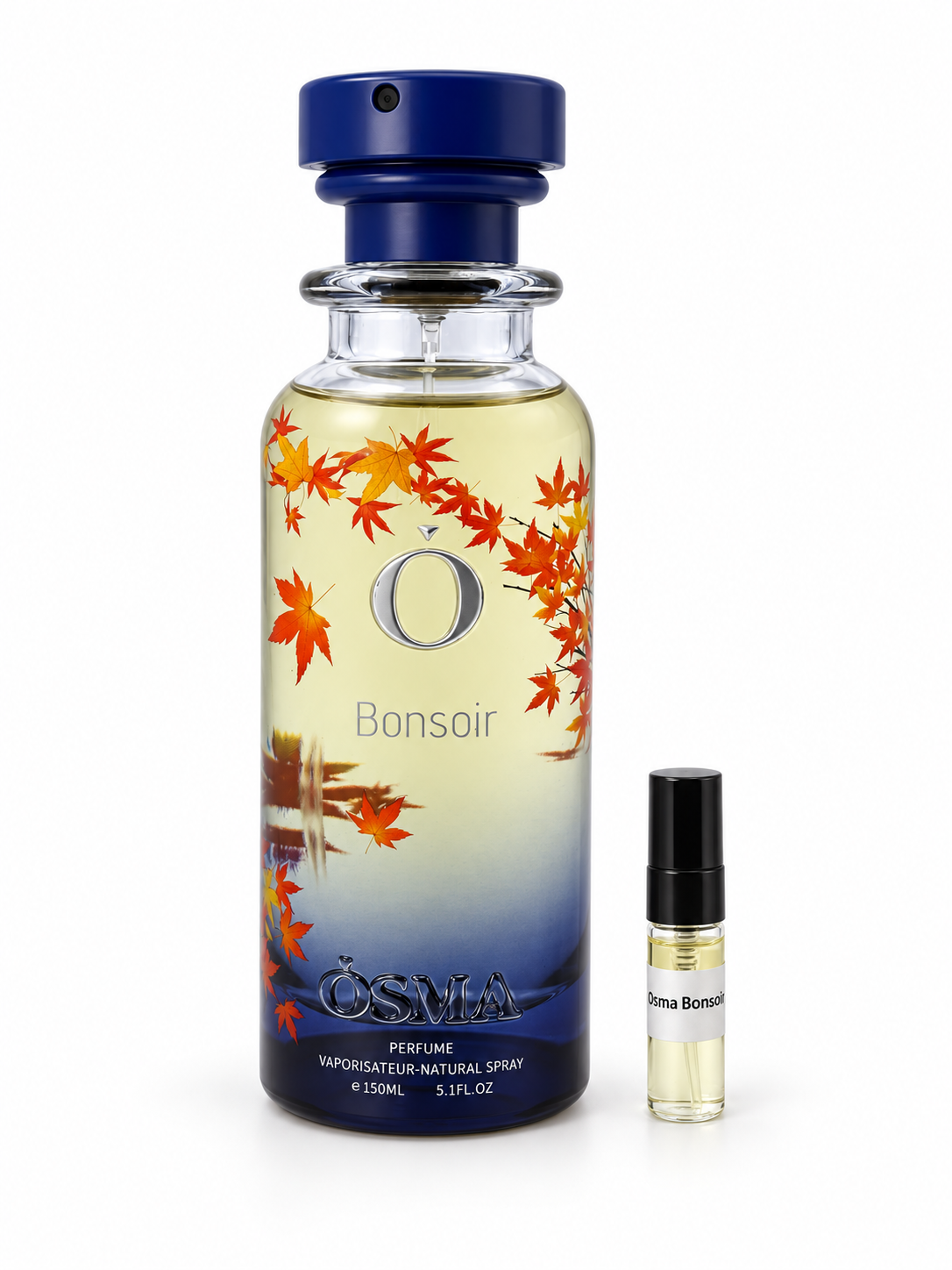 Osma Bonsoir fragrance bottle and black-capped sample vial on white