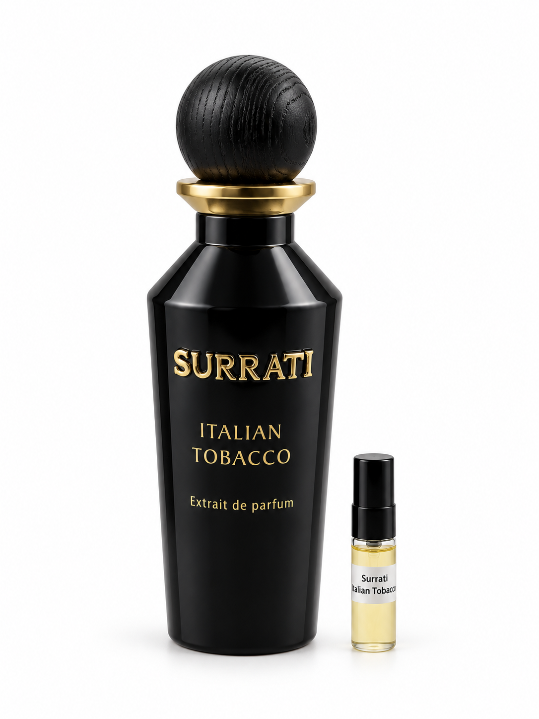 Surrati Italian Tobacco fragrance bottle and black-capped sample vial on white