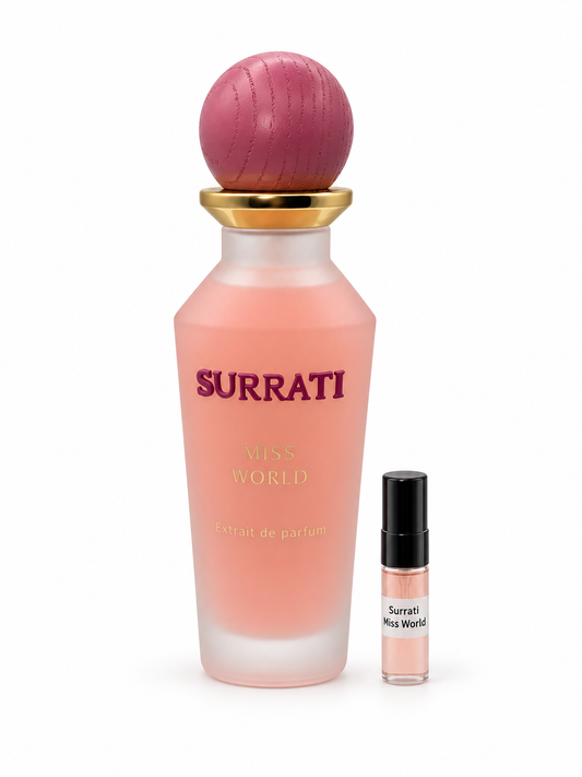 Surrati Miss World fragrance bottle and black-capped sample vial on white