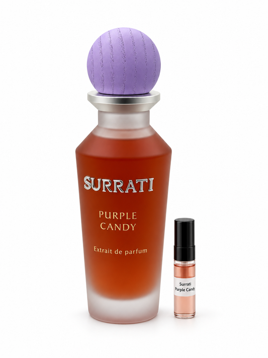 Surrati Purple Candy fragrance bottle and black-capped sample vial on white