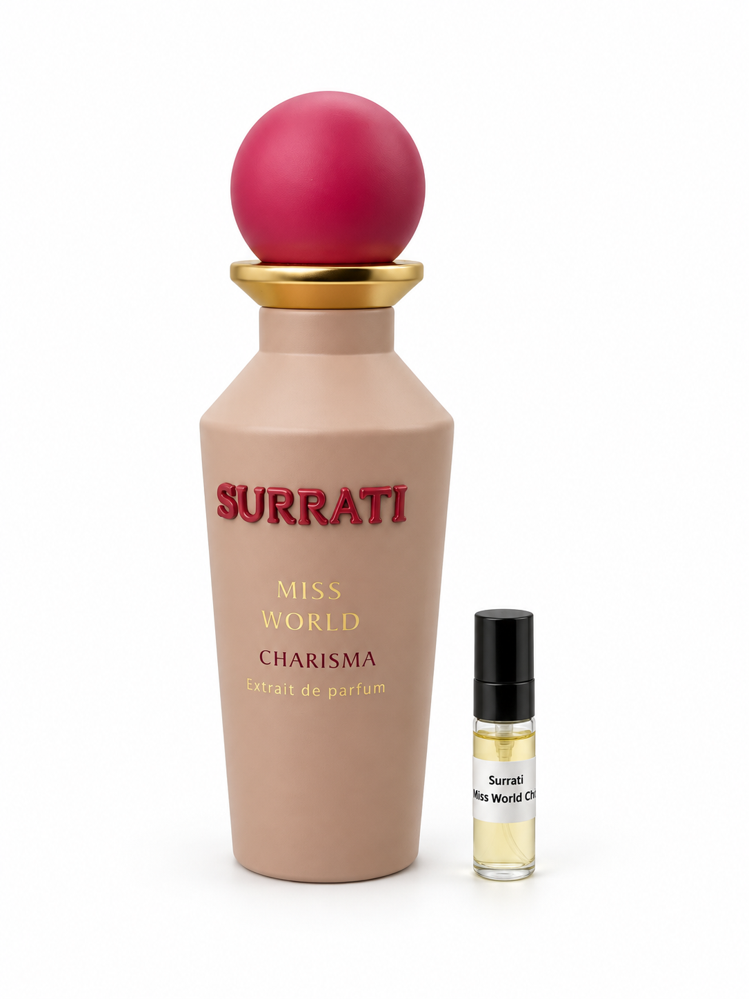 Surrati Miss World Charisma fragrance bottle and black-capped sample vial on white