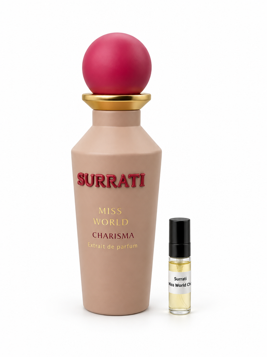 Surrati Miss World Charisma fragrance bottle and black-capped sample vial on white