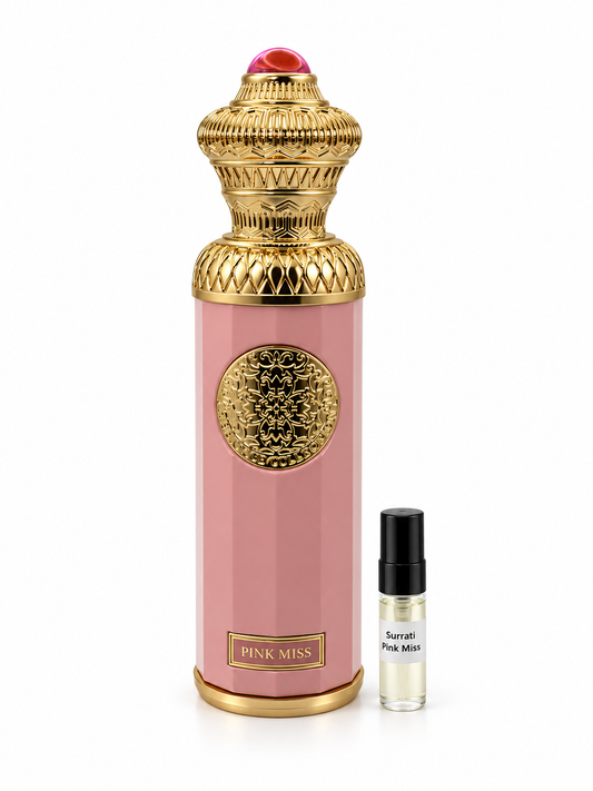 Surrati Pink miss fragrance bottle and black-capped sample vial on white