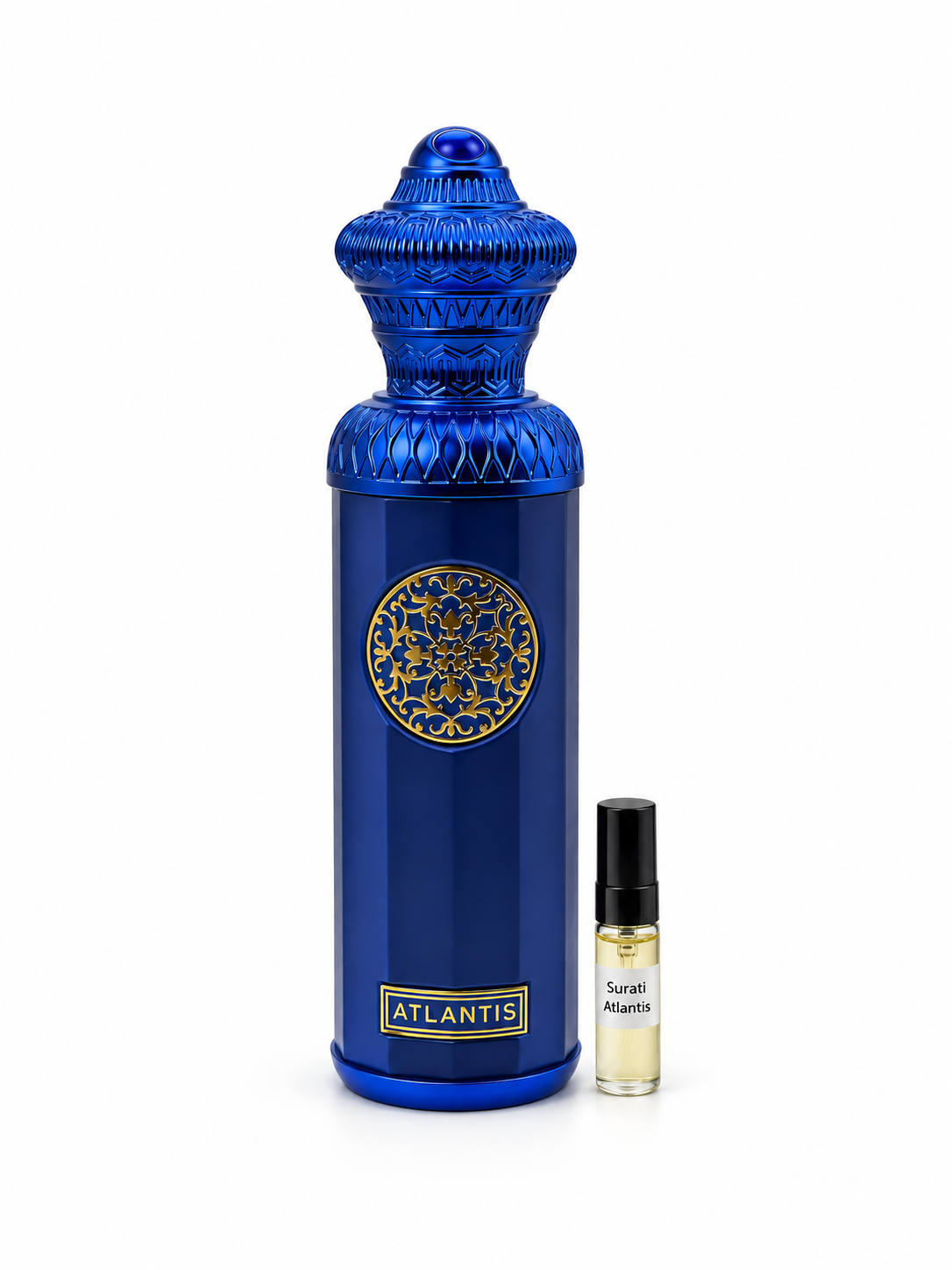 Surrati Atlantis fragrance bottle and black-capped sample vial on white