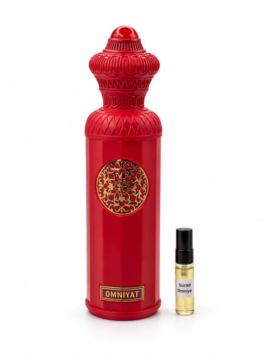 Surrati Omniyat fragrance bottle and black-capped sample vial on white