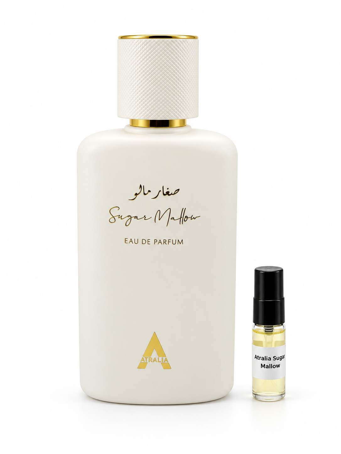Atralia Sugar Mallow fragrance bottle and black-capped sample vial on white