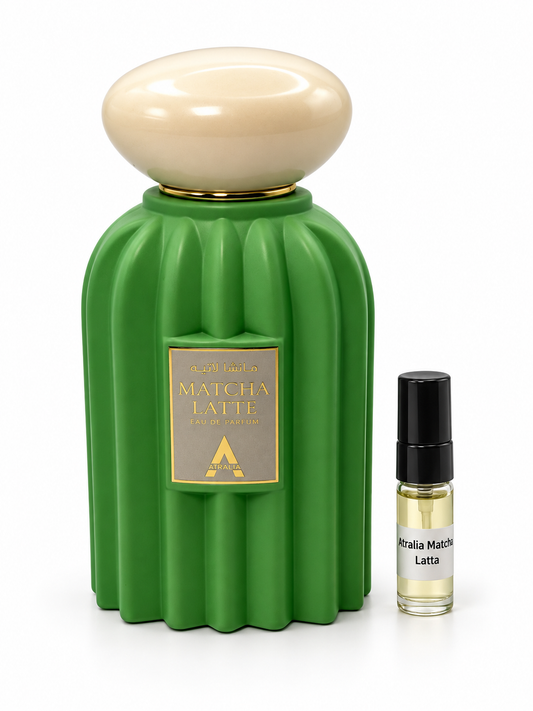 Atralia Matcha Latte fragrance bottle and black-capped sample vial on white