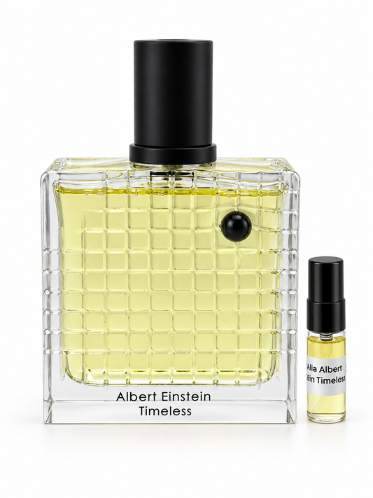 Atralia Albert Einstein Timeless fragrance bottle and black-capped sample vial on white