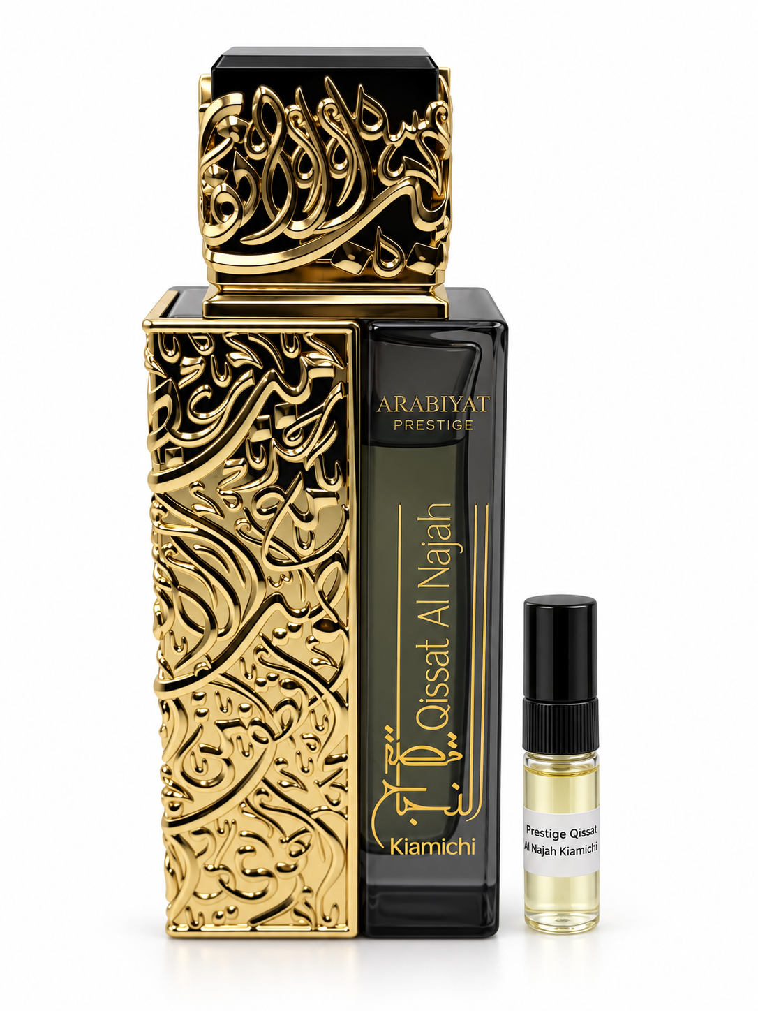 Arabiyat Prestige Qissat Al Najah Kiamichi fragrance bottle and black-capped sample vial on white