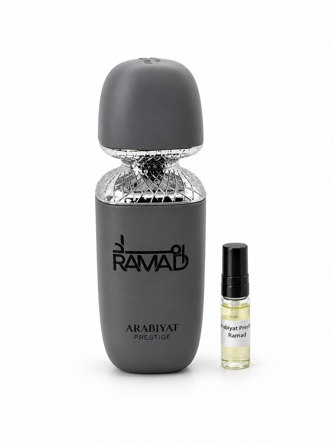 Arabiyat Prestige Ramad fragrance bottle and black-capped sample vial on white
