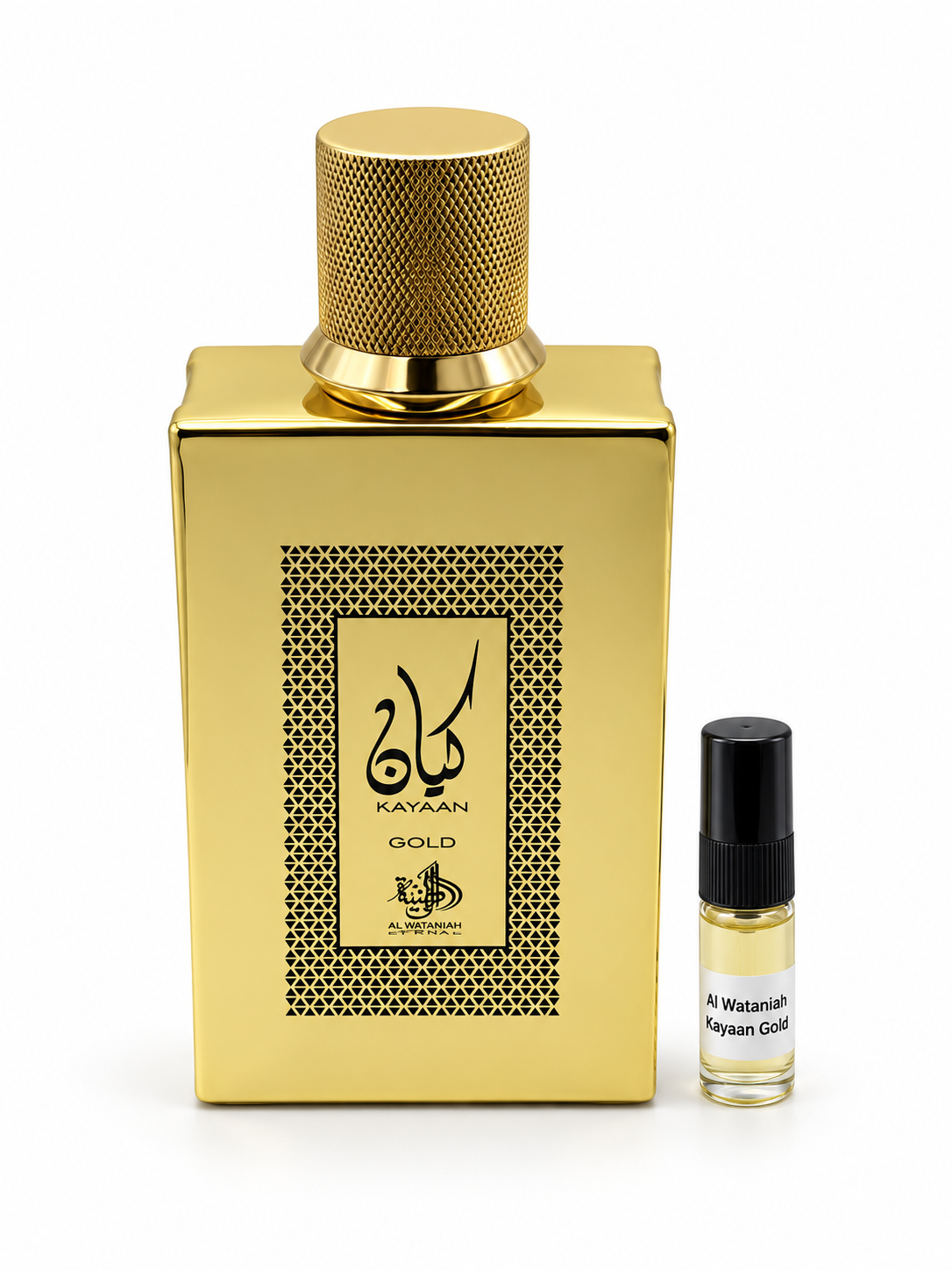 Al Wataniah Kayaan Gold fragrance bottle and black-capped sample vial on white