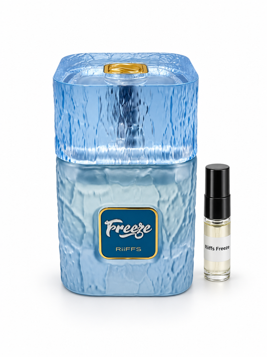Riiffs Freeze fragrance bottle and black-capped sample vial on white