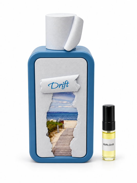 Riiffs Seasons Drift fragrance bottle and black-capped sample vial on white
