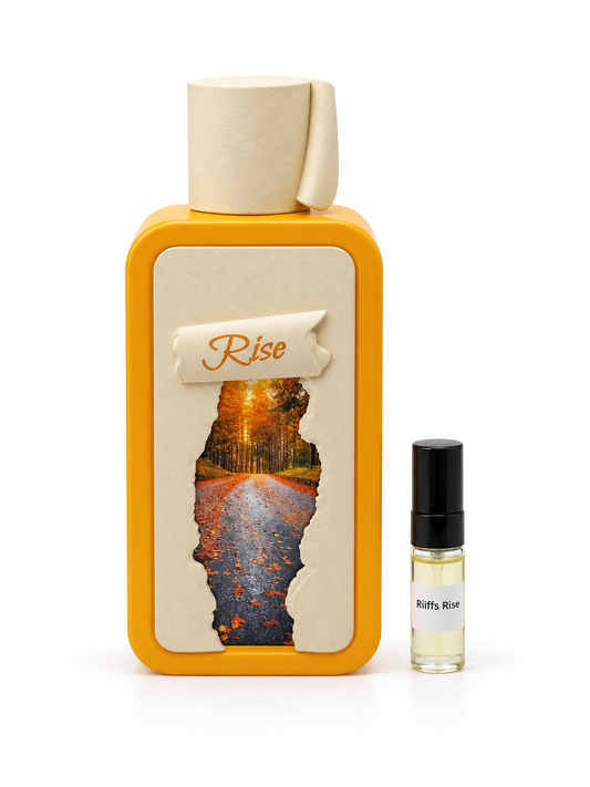 Riiffs Seasons Rise fragrance bottle and black-capped sample vial on white