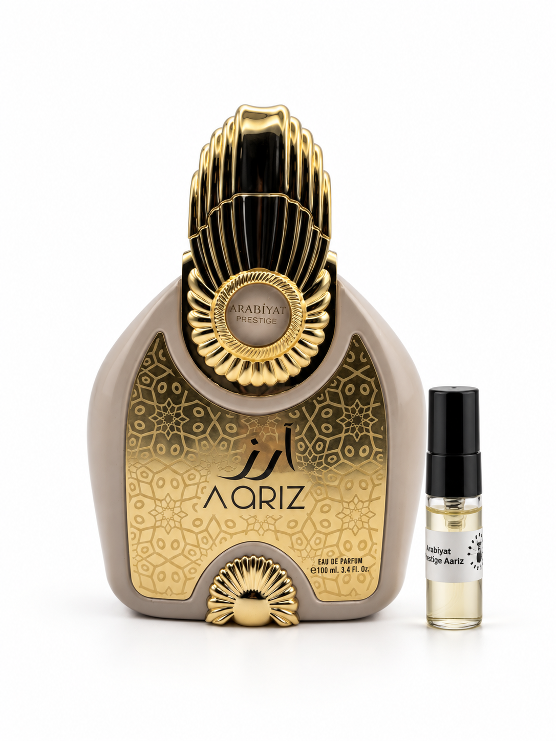 Arabiyat Prestige Aariz fragrance bottle and black-capped sample vial on white