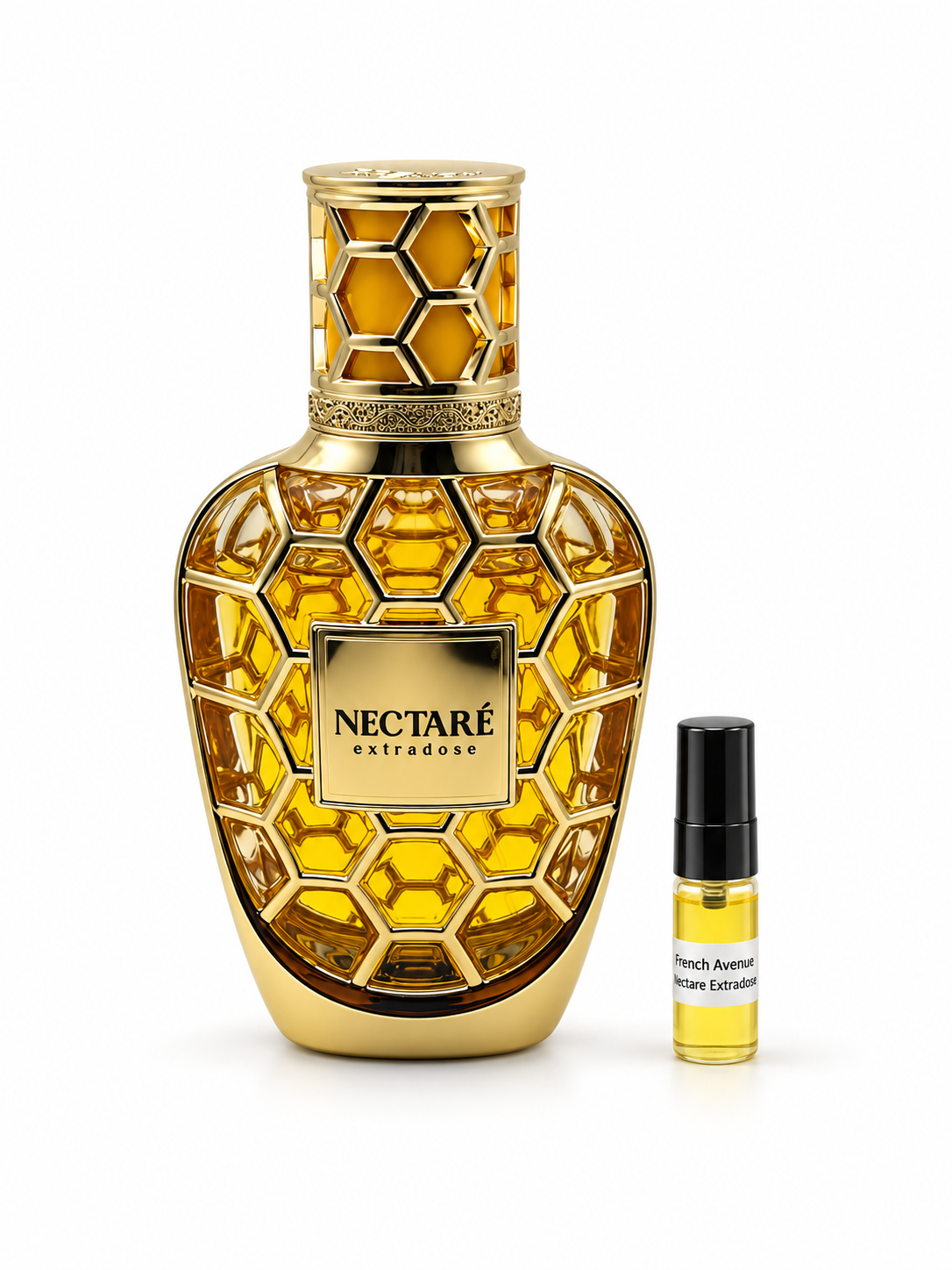 French Avenue Nectare Extradose fragrance bottle and black-capped sample vial on white