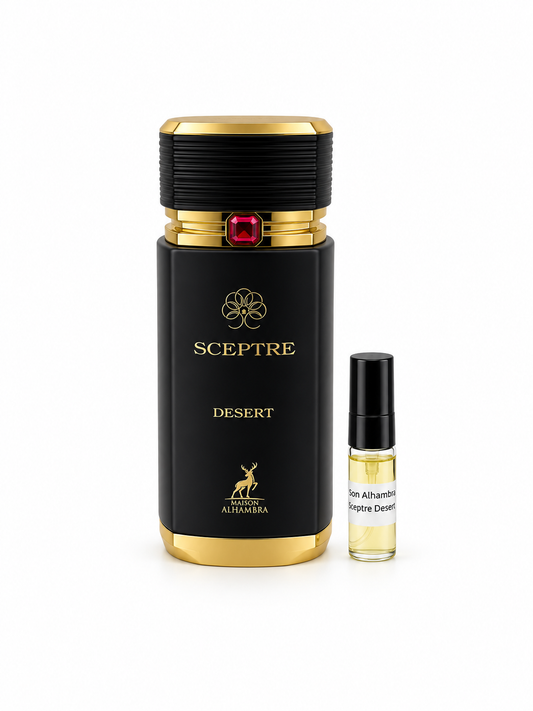Maison Alhambra Sceptre Desert fragrance bottle and black-capped sample vial on white