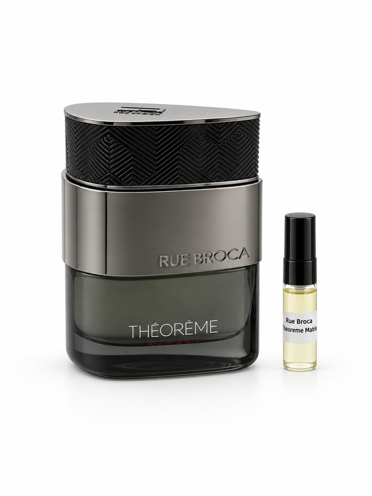 Rue Broca Theoreme Matrix fragrance bottle and black-capped sample vial on white
