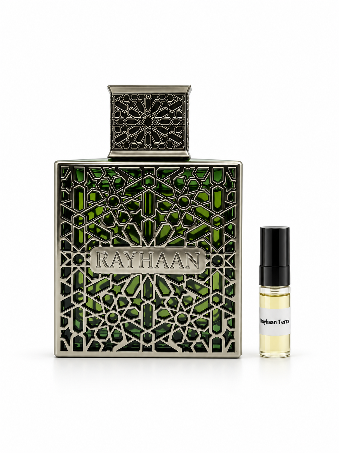 Rayhaan Terra fragrance bottle and black-capped sample vial on white