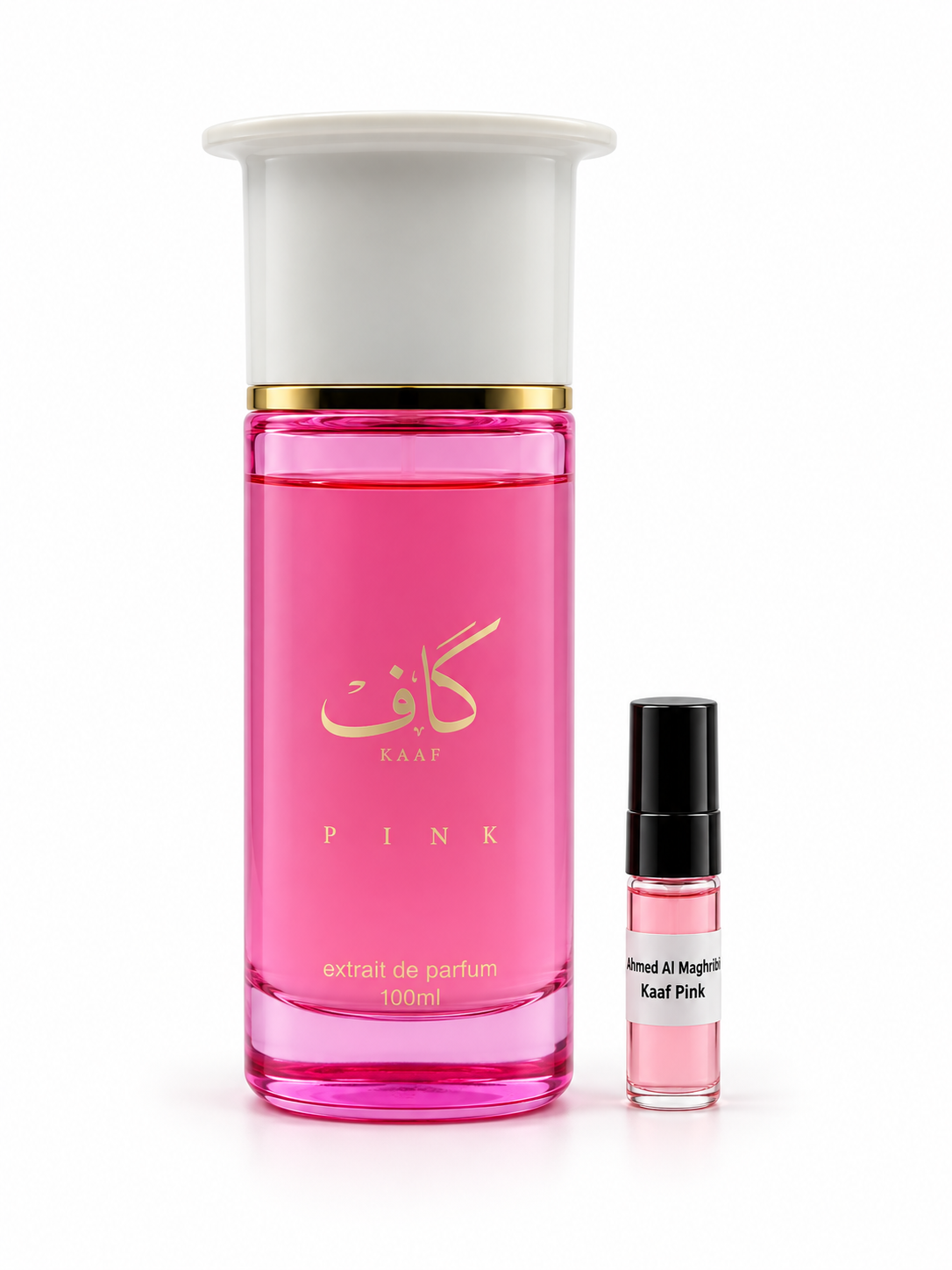 Ahmed Al Maghribi Kaaf Pink fragrance bottle and black-capped sample vial on white